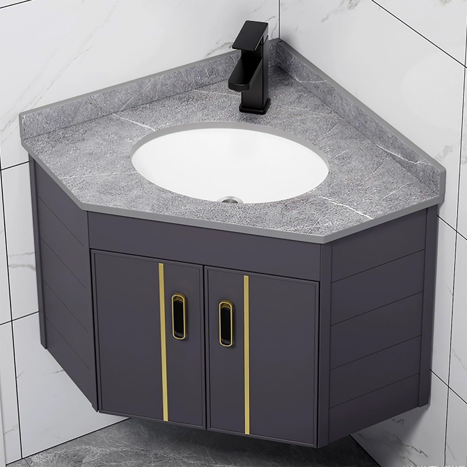 Moderno lavabo esquinero de pared para baño, diseño flotante que ahorra espacio con gabinete de profundidad delgada, perfecto para baños pequeños y espacios reducidos