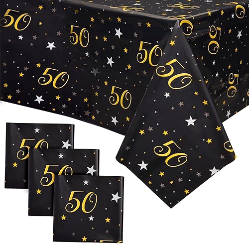 Juvale Manteles de 50 cumpleaños – Paquete de 3, 54 x 108 pulgadas, negro y dorado, decoraciones de cumpleaños 50 para hombres y decoraciones de