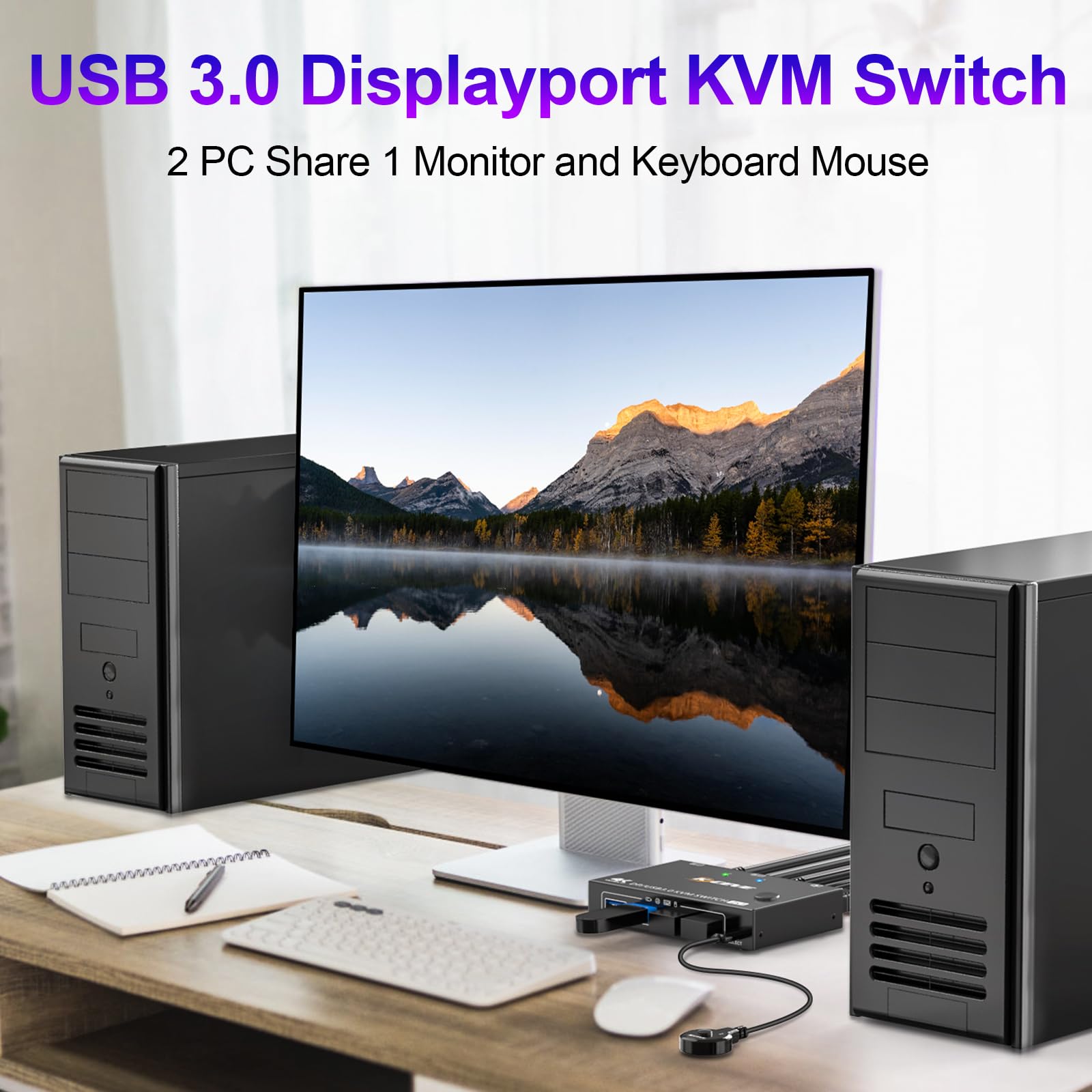 Switch YOUTINGHDAV KVM 2 PC 1 Monitor USB DisplayPort 4K@144Hz, USB 3.0 Tastiera Mouse con Wired Remote