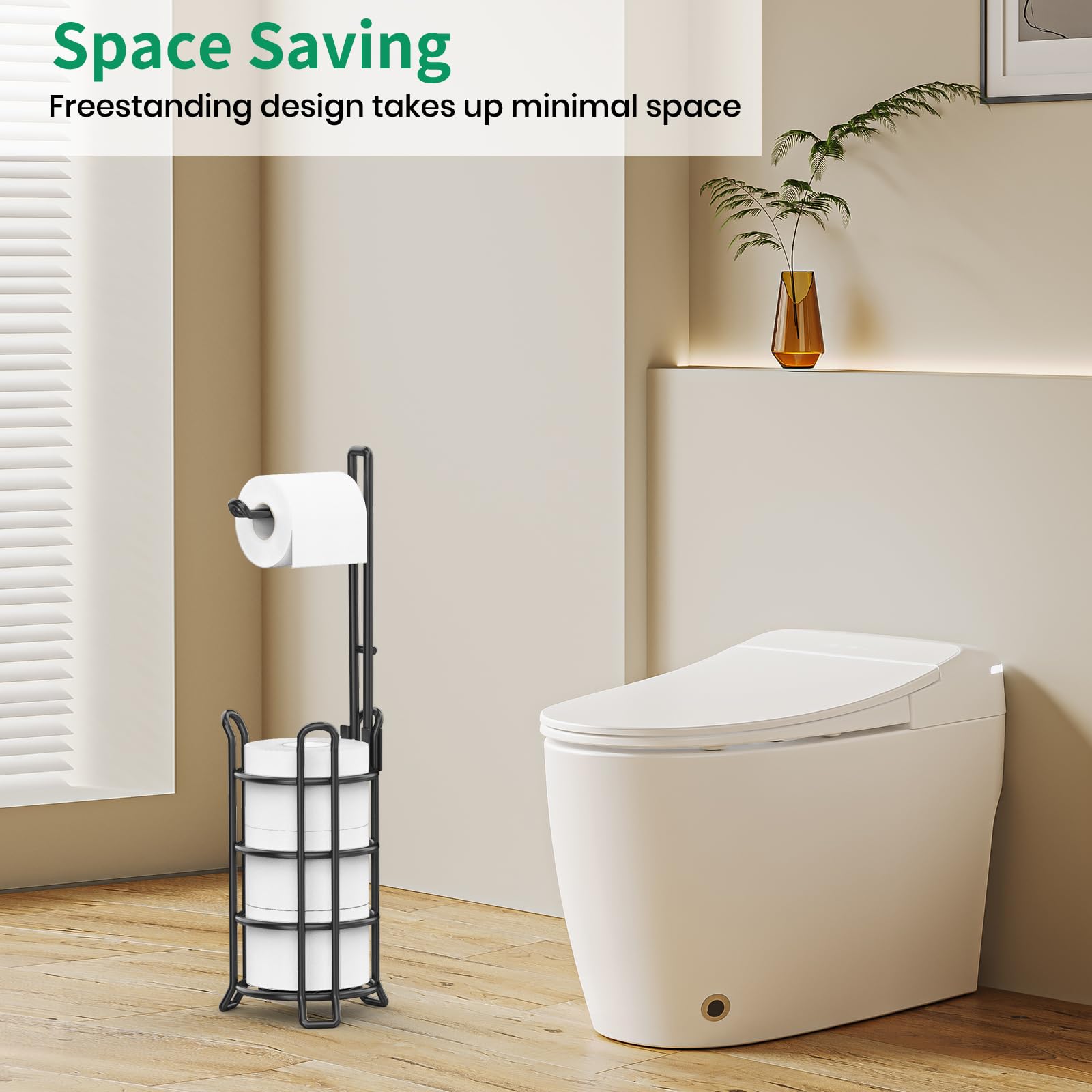 Soporte de pie para papel higiénico, dispensador para 3 rollos adicionales de papel higiénico, de alambre de metal, estante de almacenamiento para rollos de papel higiénico, accesorios organizadores para baño, negro 7