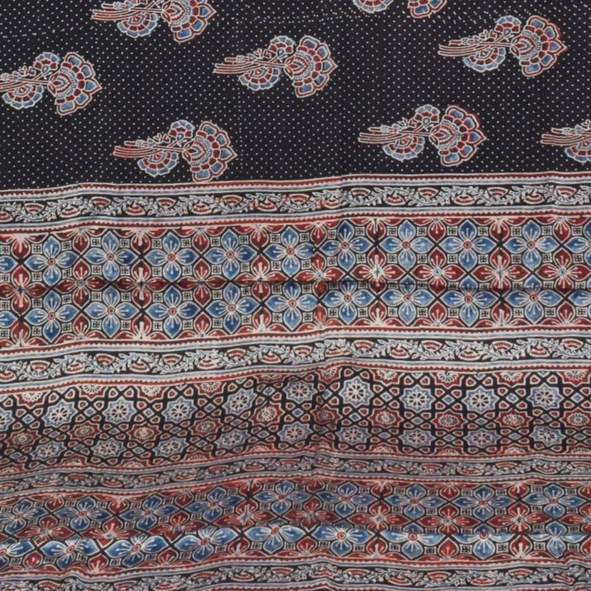 Image of Ethnics of Kutch Womenss Ajrakh Modal Silk Natural Dye Hand Block Print Saree with Blouse Piece - 5.5 Mtr Length