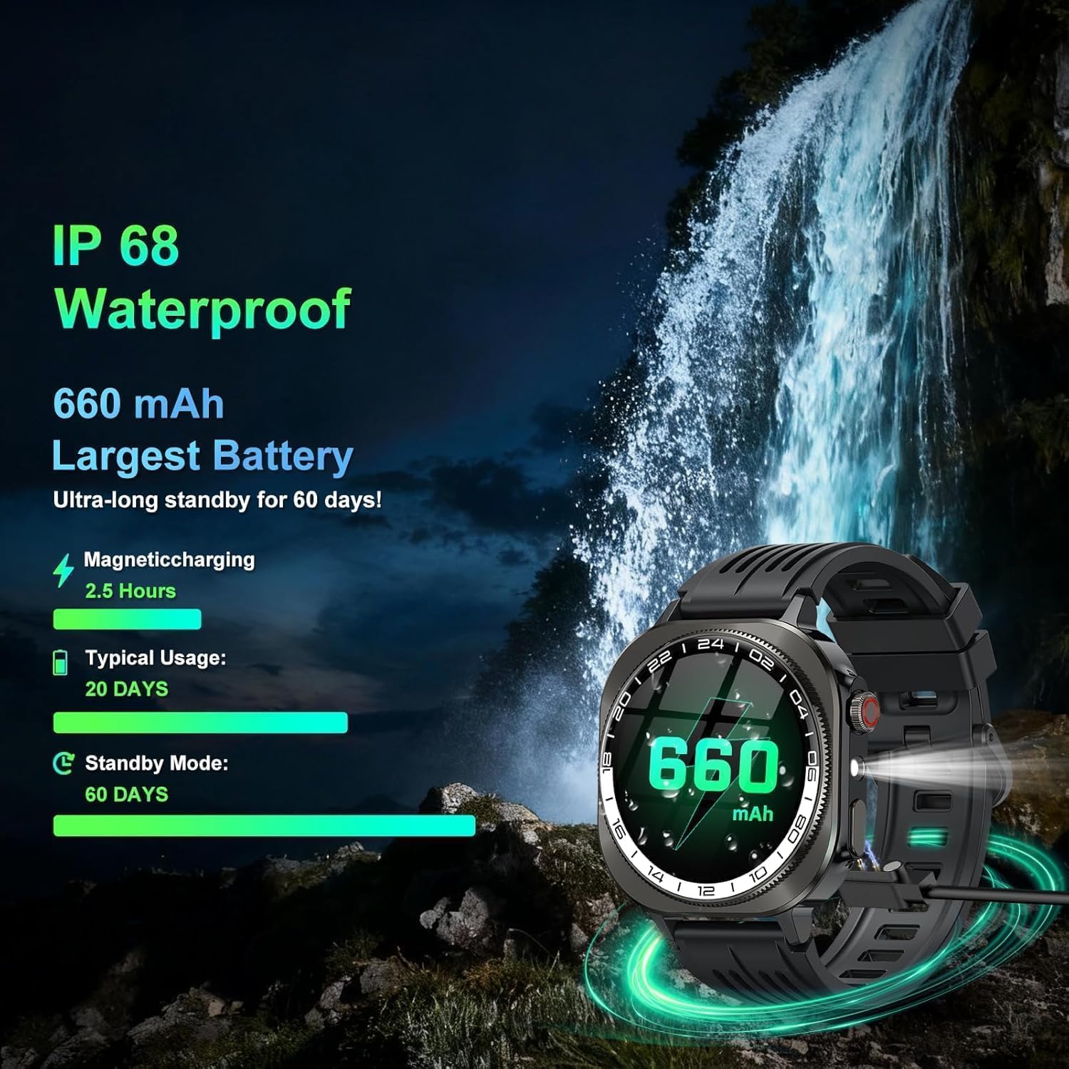 Montre Connectée Homme avec GPS Intégré, 1.43"HD AMOLED Militaire Smartwatch Appels Bluetooth 5.4, Montre Intelligente Fréquence Cardiaque/Sommeil/SpO2 Podometre,IP68 Étanche,130+ Modes Sport Noir
