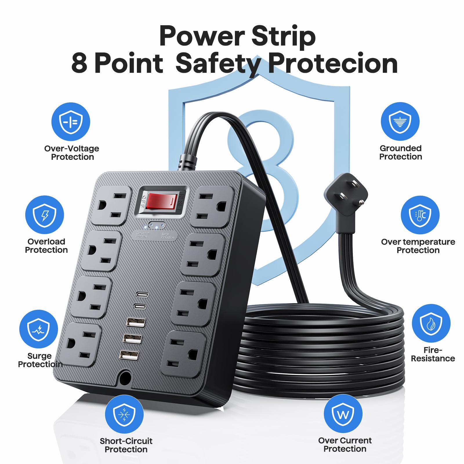 Conector plano 14 en 1 con protección contra sobretensiones, 8 enchufes de CA anchos, 4 puertos USB, 1250 W/10 A, cable de extensión de 5 pies con múltiples enchufes, extensión de computadora para
