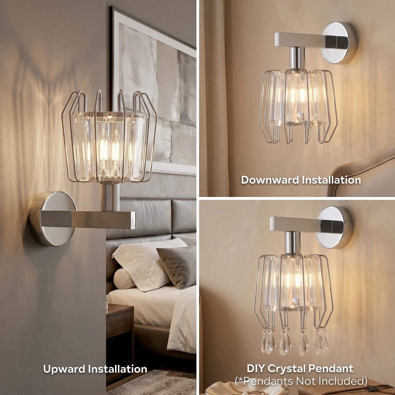 LVWIT Applique da Parete Interno, Applique Camera da Letto E14, Plafoniere da Parete in Cristallo Argento, 2 Unità (Lampadine Escluse)