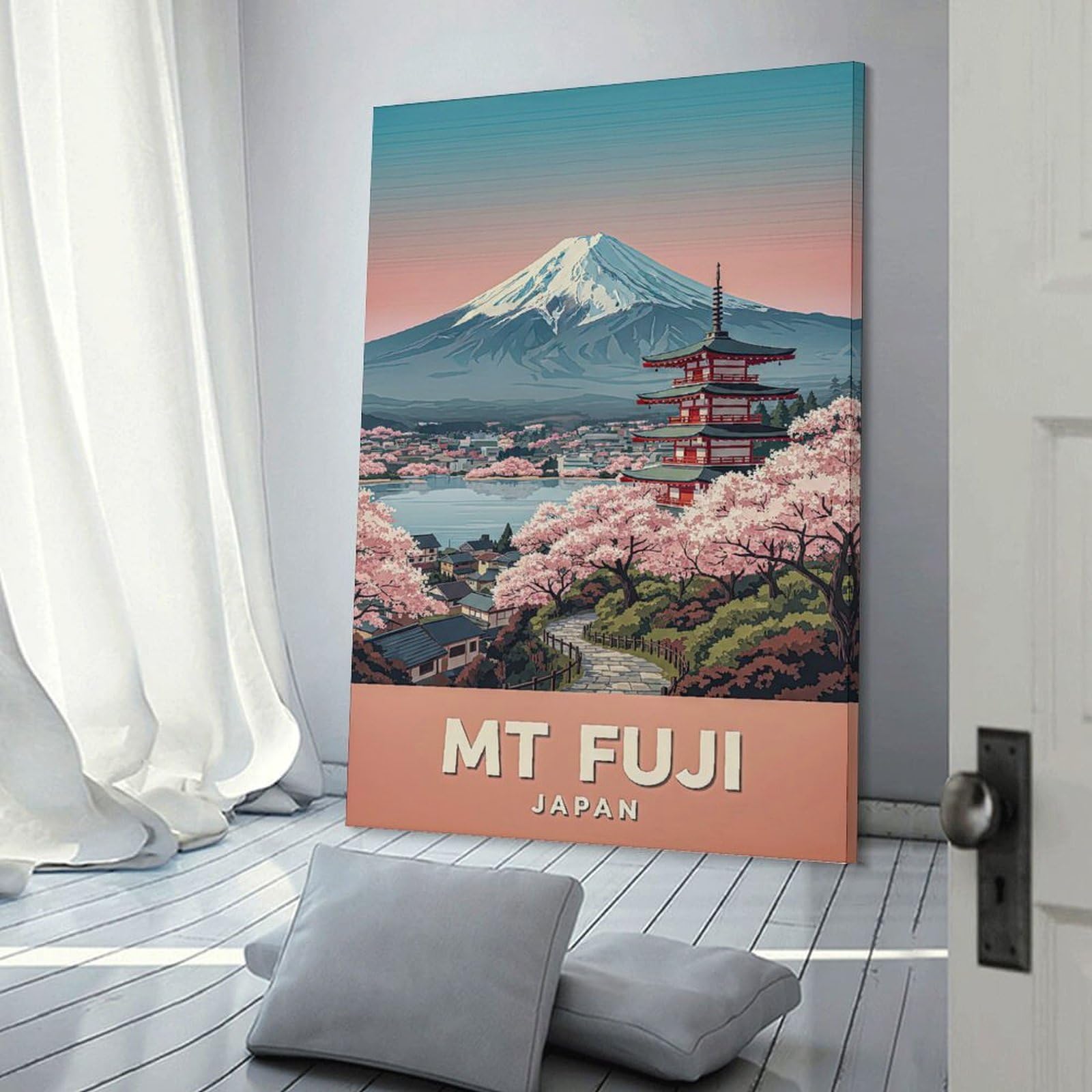 Junmoney Decorative Wall Artwork Mt. Fuji with Pagoda And Cherry Blossoms, 24x36inch(60x90cm), for Corridors, Hallways Or Apartment Entries, Wall Decor to Refresh Empty Corners