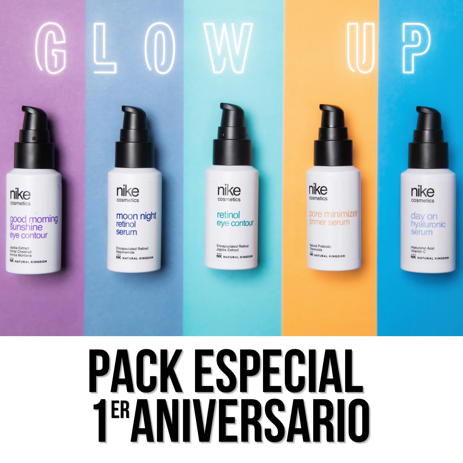 NIKECOSMETICS - Pack Glow Up, Sérums Day On Hyaluronic 30 ml + Moon Night Retinol 30 ml + Pore Minimizer 50 ml + Contornos de Ojos Retinol 30 ml + Good Morning Sunshine 30 ml, Fórmulas Veganas