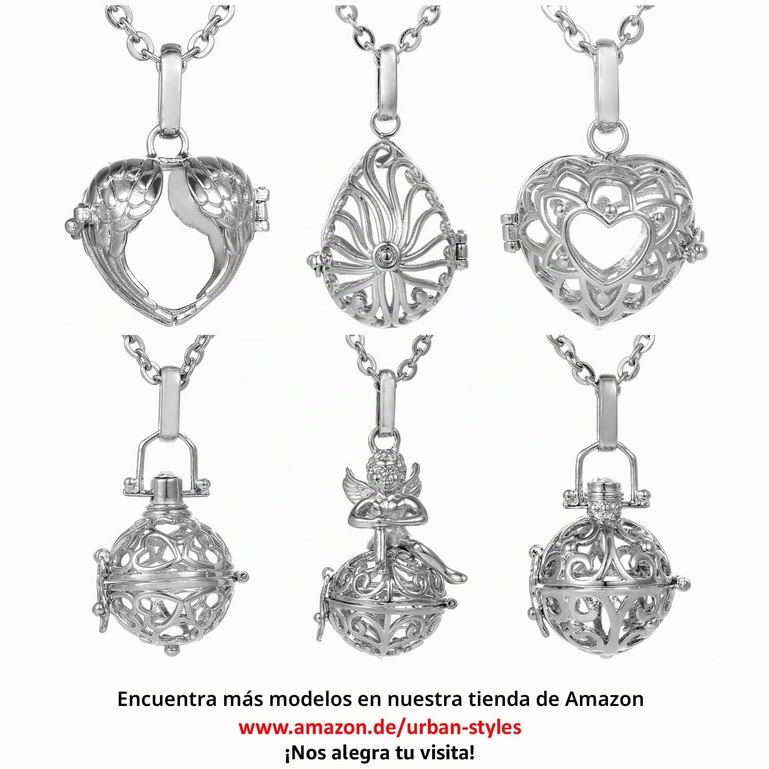Morella Collar ángel de la Guarda de Acero Inoxidable 70 cm con Colgante Amor-corazón y Bola de resonancia de circonita Ø 16 mm para Damas en Bolsa para Joyas