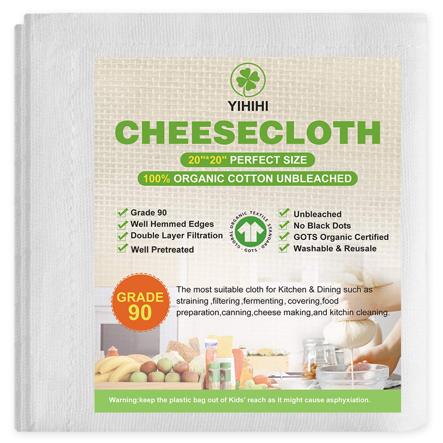 Cheesecloth, 100% Organic Cotton Cheese Cloths for Straining, Double Layer, Grade 90 Unbleached, 20 x 20 Inch Hemmed Edges, Reusable Ultra Fine Muslin Cloth Filter for Cooking, Nut Milk Strain.