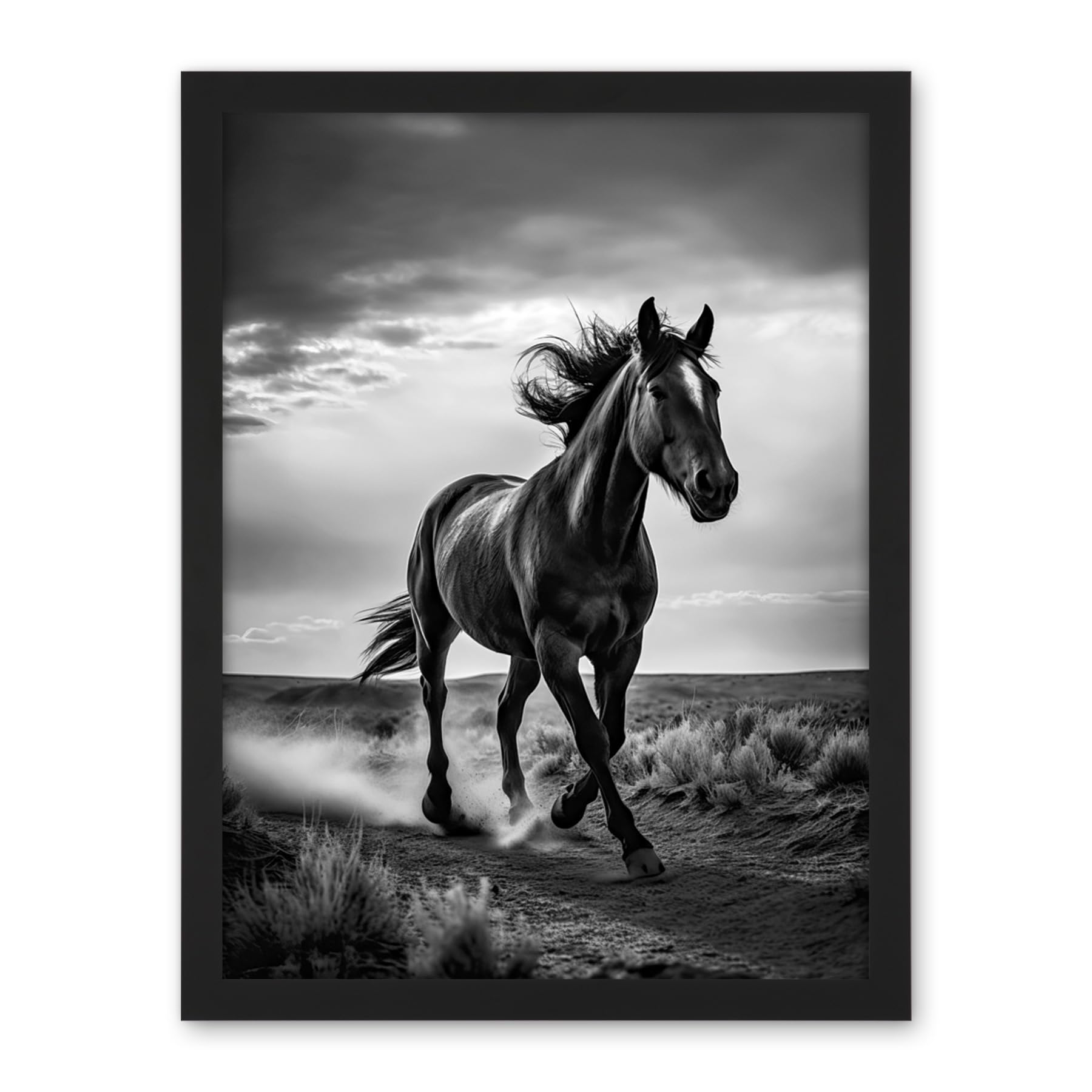 Artery8 Horse Galloping Desert Landscape Black and White Artwork Framed Wall Art Print 18X24 Inch