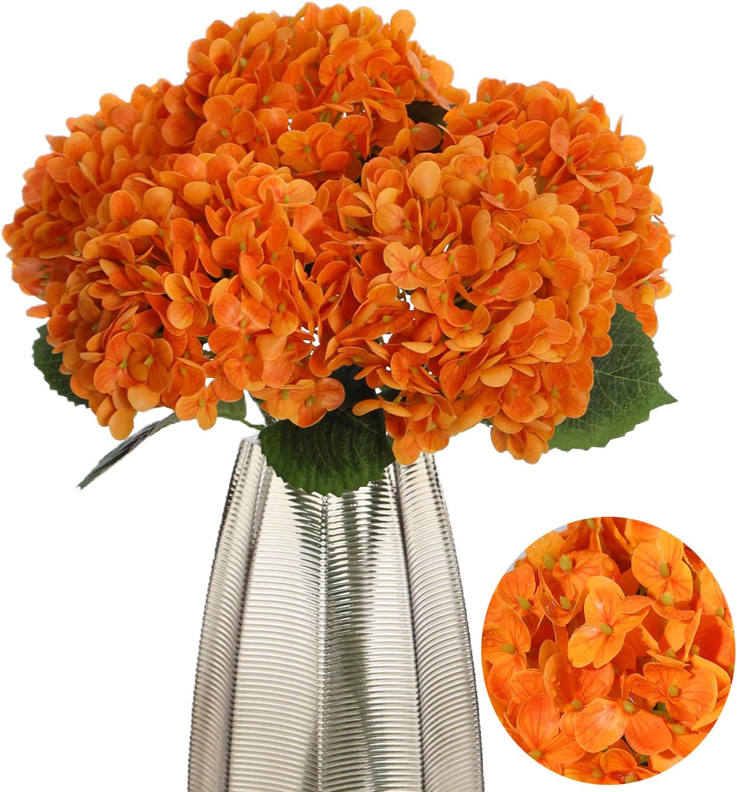 5Pcs 21inch Real Touch Artificial Hydrangea Flowers Realistic Latex Hydrangeas Long Stem with Leaves Hydrangea Bouquet for Home Wedding Baby Shower Birthday Party Decoration（Orange）