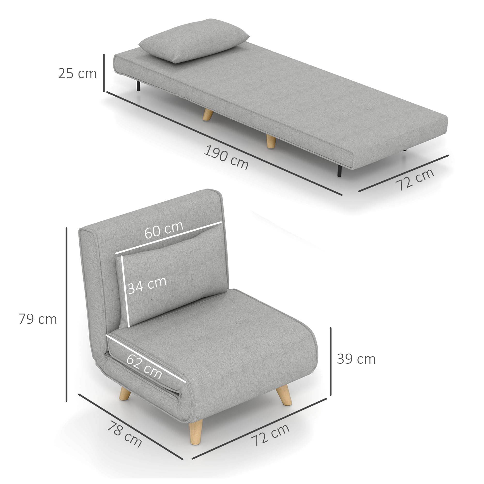 HOMCOM 3 in 1 Schlafsessel Klappbar Schlafsofa mit Bettfunktion Verstellbare Rückenlehne Kissen Gästebett Leinenoptik Relaxsessel 72 x 78 x 79 cm Hellgrau