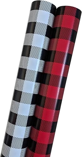 Juego de papel de regalo de Navidad – Buffalo Plaid en negro, blanco y rojo – 200 pies cuadrados (paquete de 2 rollos jumbo, 100 pies cuadrados cada