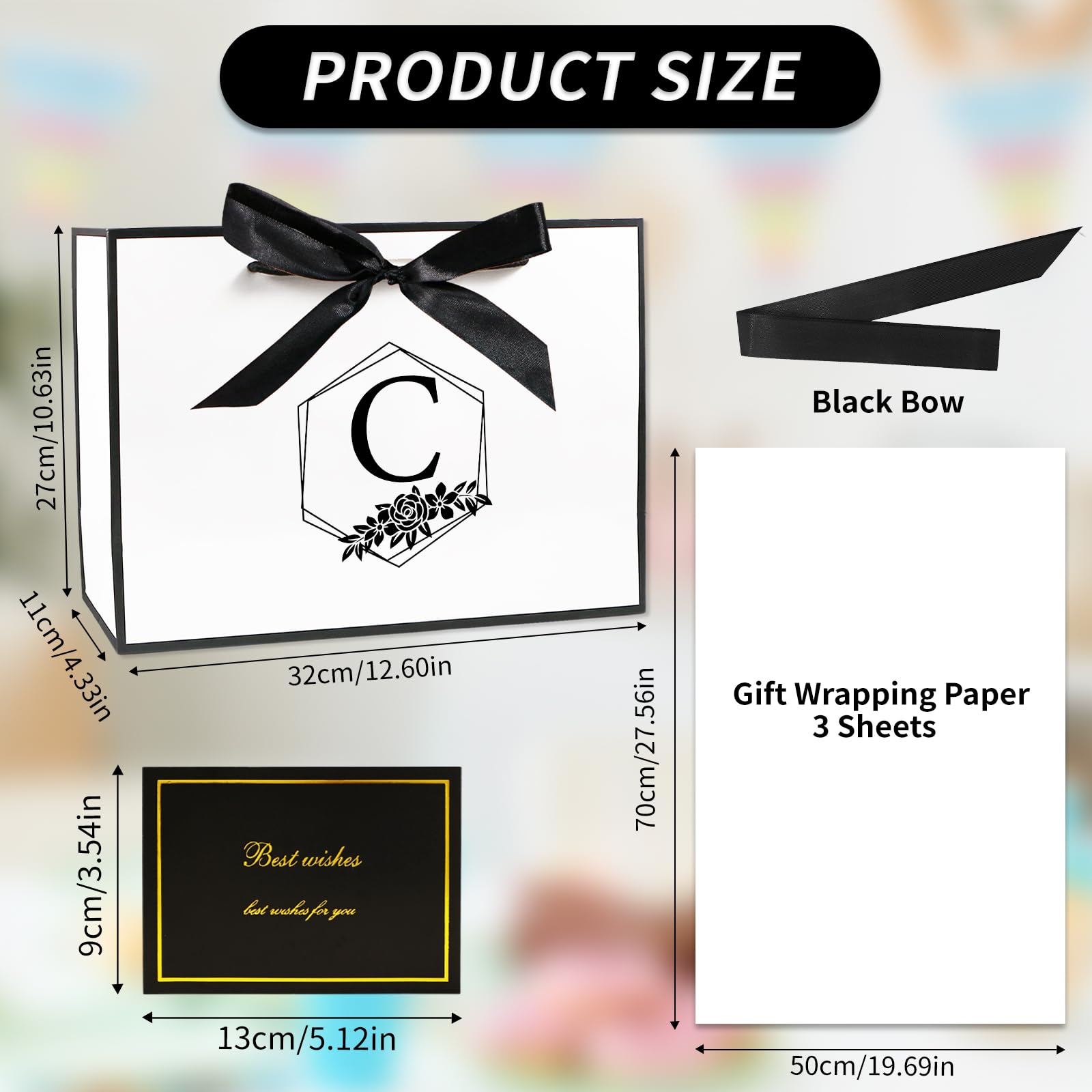 Personalized Initial Gift Bag, Large Alphabet Birthday Gift Bag with Tissue Paper and Bow Ribbon for Men Women, Initial Bow Bags for Gifts Wrapping, Bridal Party, Birthday Decorations (White, L)
