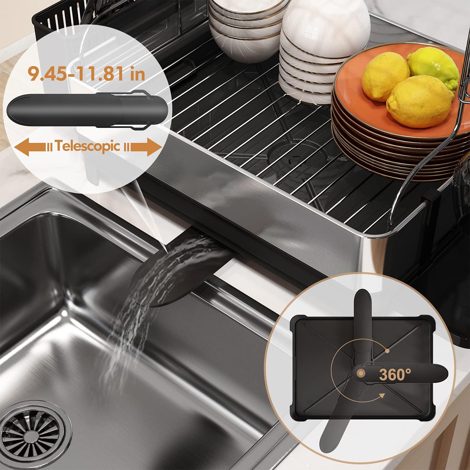 Égouttoir Vaisselle Inox 304 Romision - Avec Porte-ustensiles, Vidange Automatique, Argenté