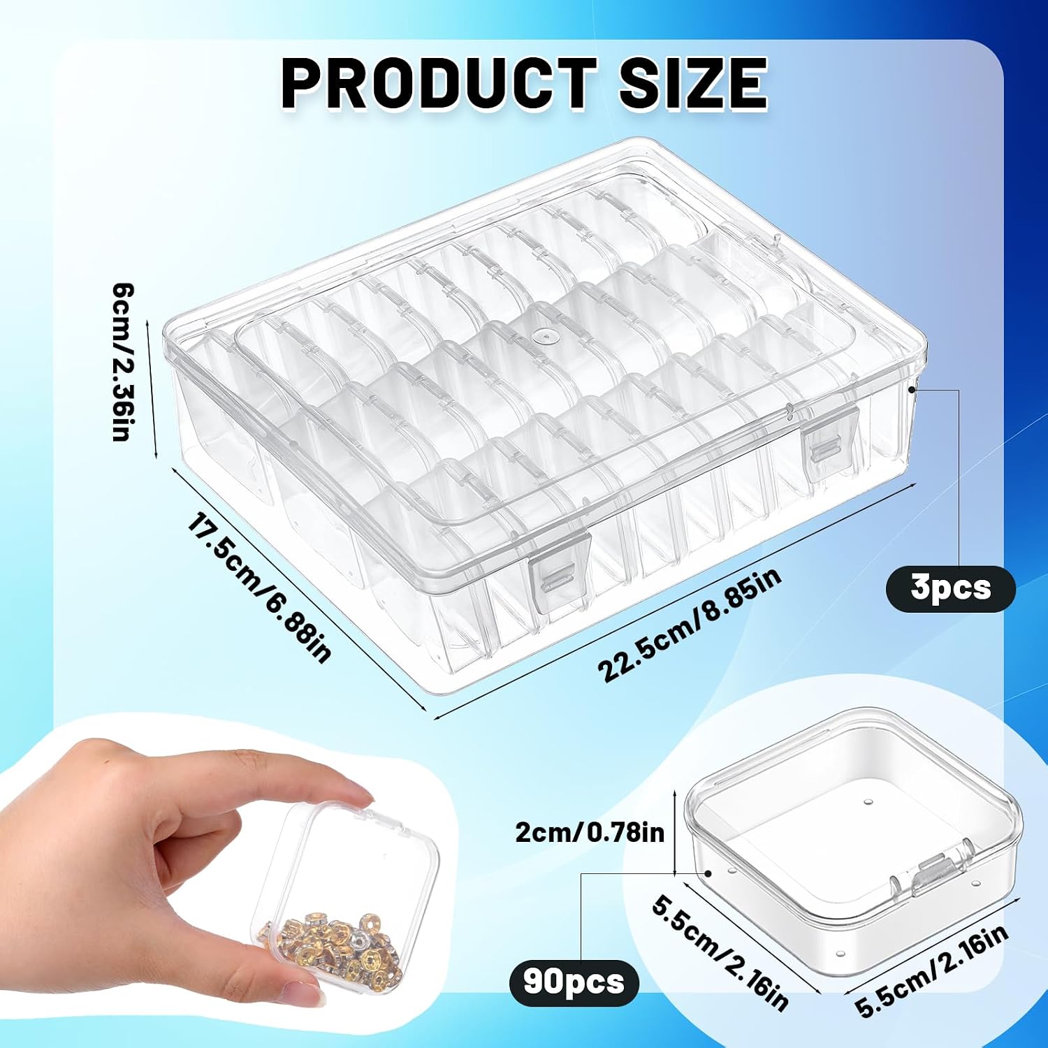 Oqqlin 93 Pcs Bead Storage Containers, 90 Small Individual Clear Bead Organizer Box 3 Big Containers Boxes Mini Craft Storage Boxes with Hinged Lid for Nail Art, Jewelry, Beads, Screws Organizer