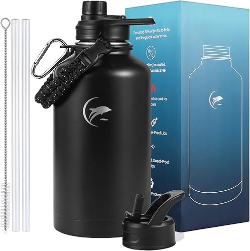 Botella de agua aislada de 64 onzas, botella de agua de acero inoxidable al vacío con tapas de popote y tapas de boquilla, mango de paracaídas,