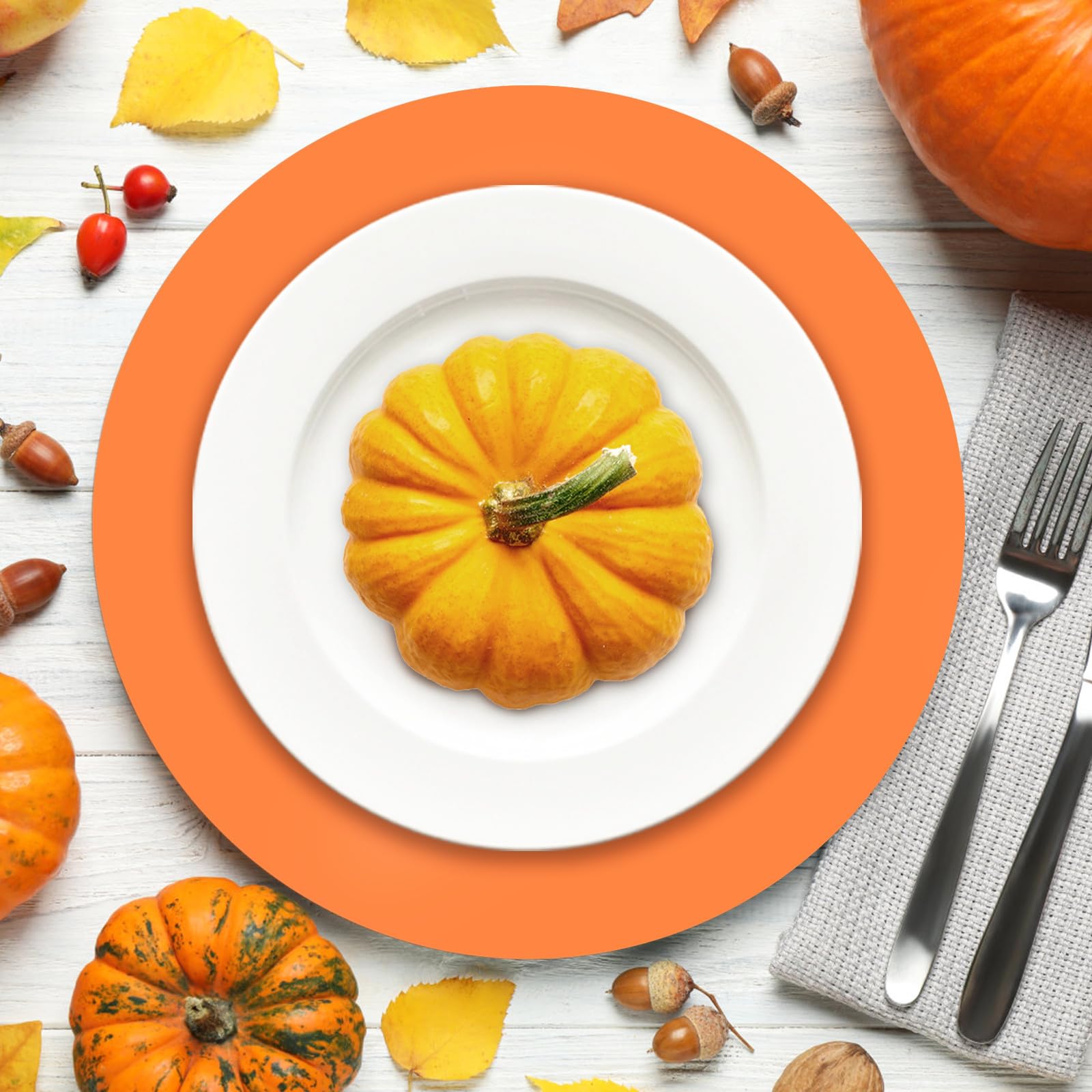 50 manteles individuales de papel naranja de otoño, calabaza, especias, redondos, desechables, manteles individuales decorativos de agradecimiento para suministros de fiesta naranja, decoración del