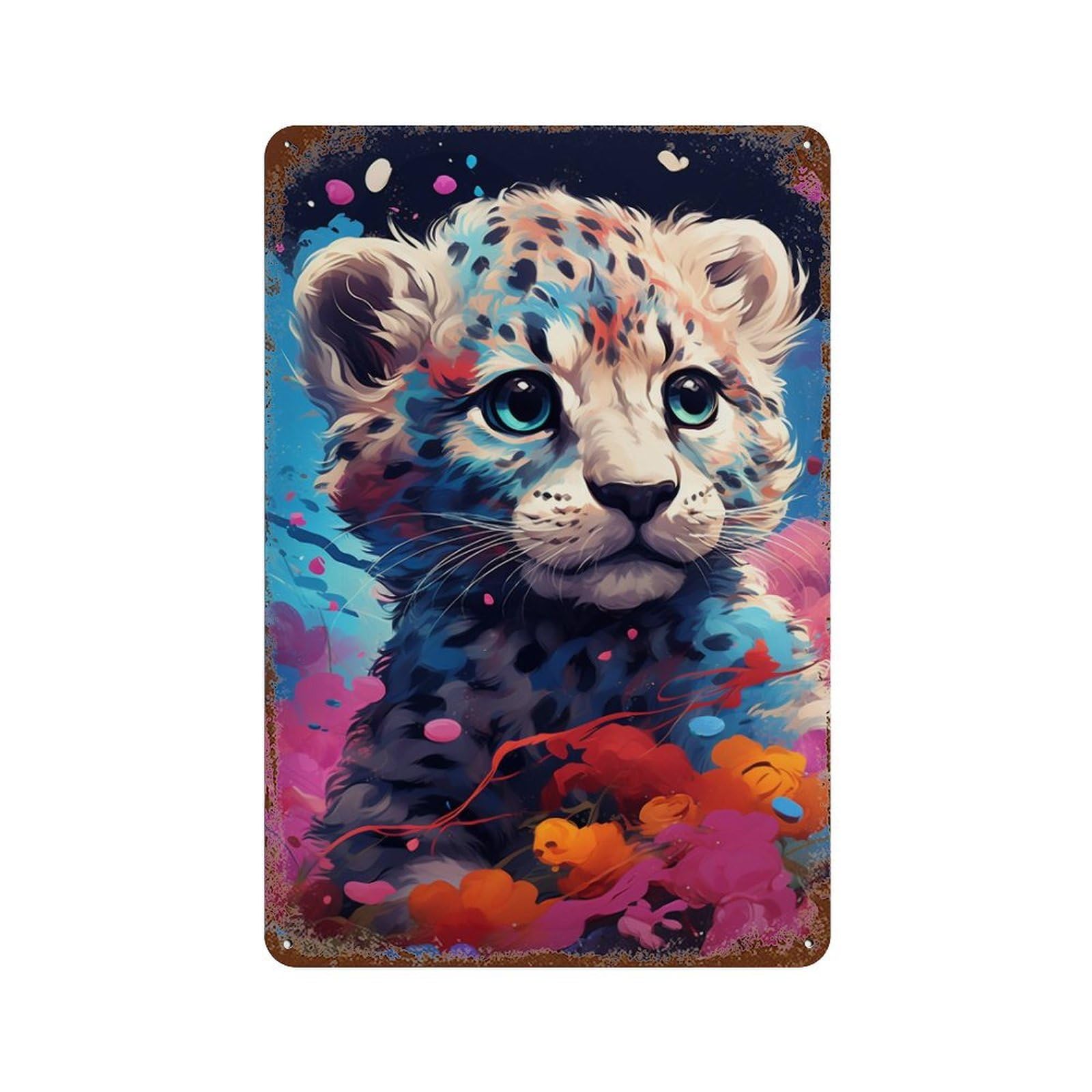 Colorful Leopard Cub Art Print-5 11.8"x7.9" Rustic Tin Plaque, Industrial Home Decor for Farmhouse, Kitchen And Entryway Decor