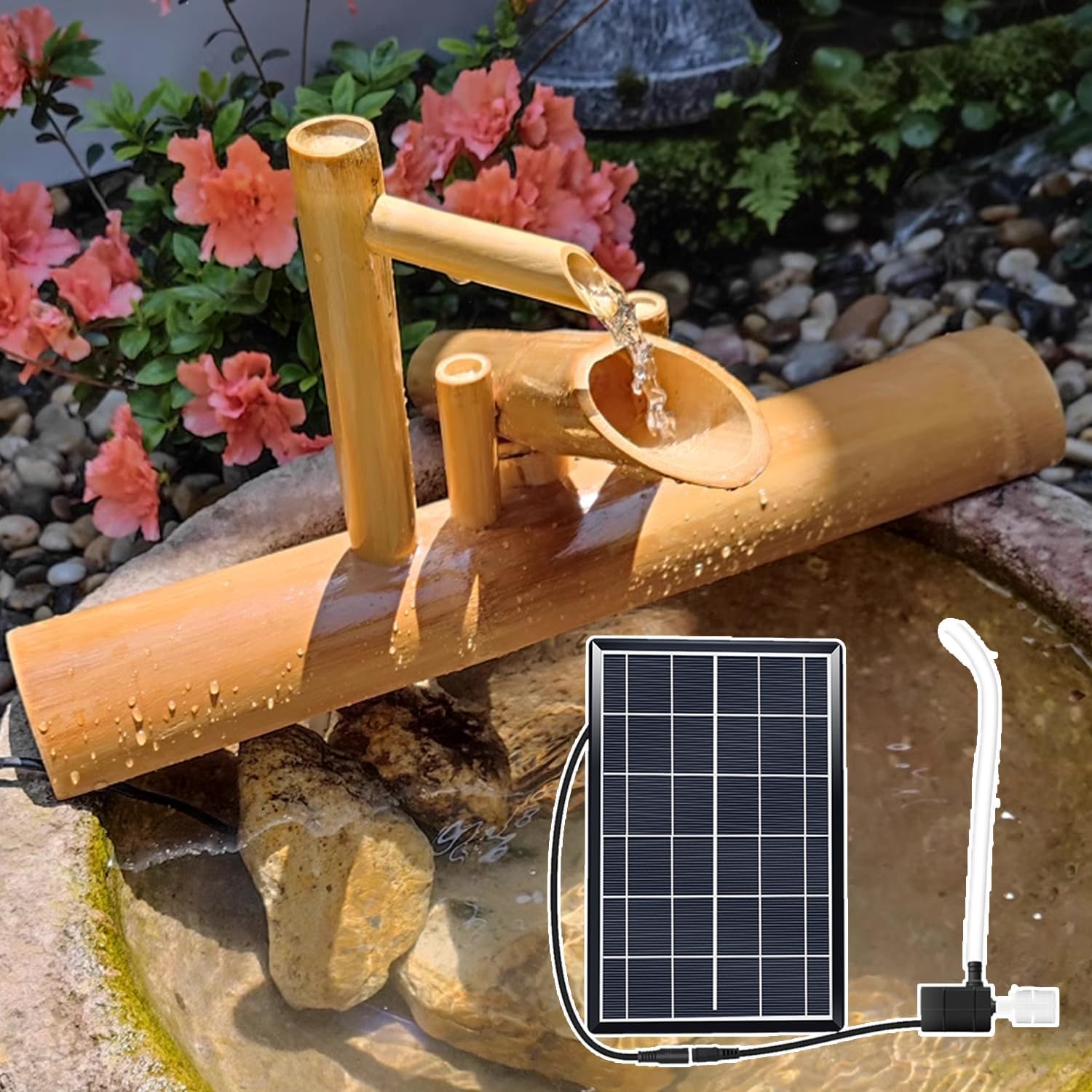 Solarna, bambusowa fontanna wodna z pompką i filtrem, do ogrodu, na patio i krajobrazową cyrkulację wody