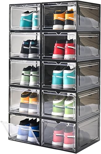 Miniatura 11 de Cajas de zapatos grandes de plástico transparente apilables, caja de zapatos con frente abatible con puerta transparente, contenedores de zapatos
