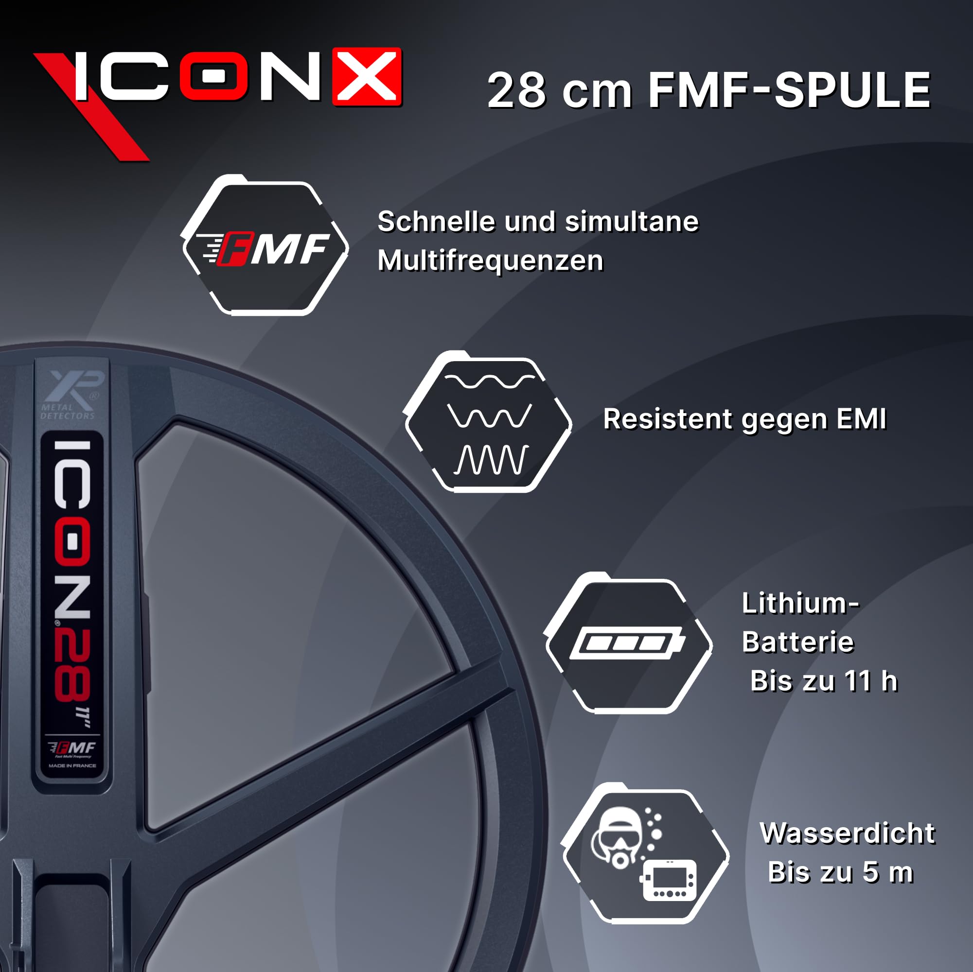 XP Metal Detectors ICONX – Leistungsstarker, einfacher und vielseitiger kabelloser Multifrequenz-Metalldetektor, Ultraleicht, wasserdicht, 28 cm FMF-Spule, kompatibel mit Deus II (ICONX-28FMFRC)