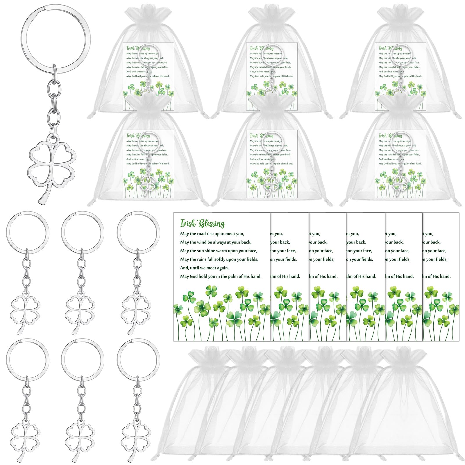 Yxsjas Unisex Green 6Sets-18Pcs Four Leaf Clover Keychain Good Luck Keyring St. Patrick's Day Gifts Employee Appreciation Gifts Bulk For Coworker 2026 Thank You Gifts Lucky Card Drawstring Bag(No Heart-Shaped)