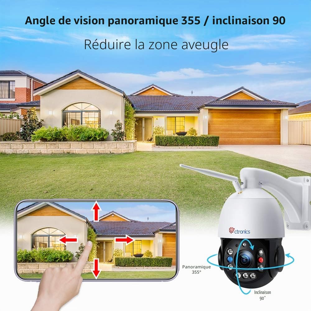 Ctronics 30X Zoom 5MP Caméra Surveillance WiFi Extérieure Caméra IP Détection 1920p Mouvement Uniquement Humaine Vision Nocturne 150M Rotation 355 °90° Alarme Sonore Audio Bidirectionnel | Détection Humaine& Auto Cruise/Zoom, Vision Nocturne 150M, PTZ 355