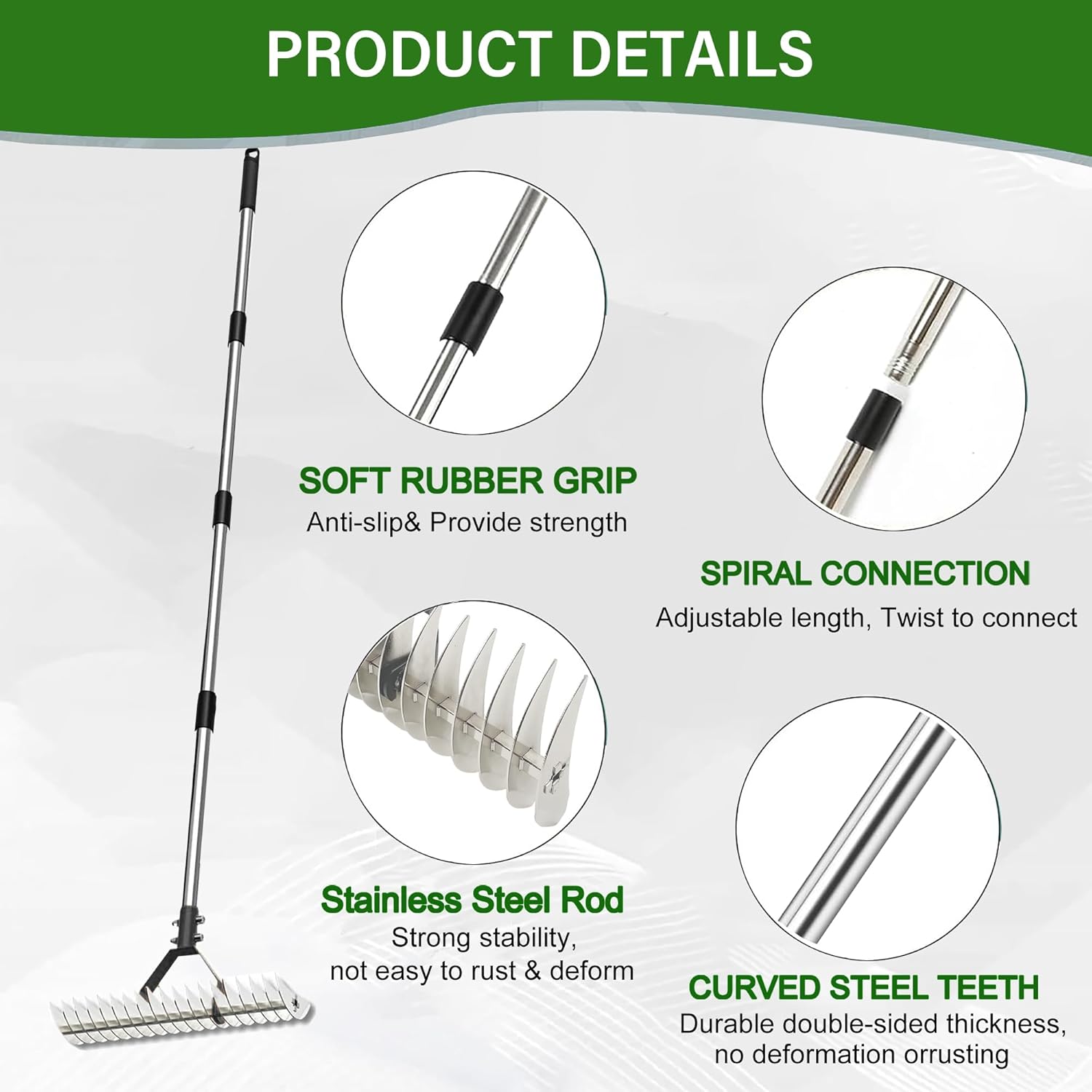 Thatch Rake for Lawn, Adjustable Dethatcher Rake Heavy Duty, Soil Rake for Grass Garden Yard
