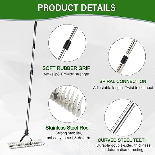 Miniatura 3 de Rastrillo de paja para césped, rastrillo ajustable resistente, rastrillo de tierra para césped, jardín y patio