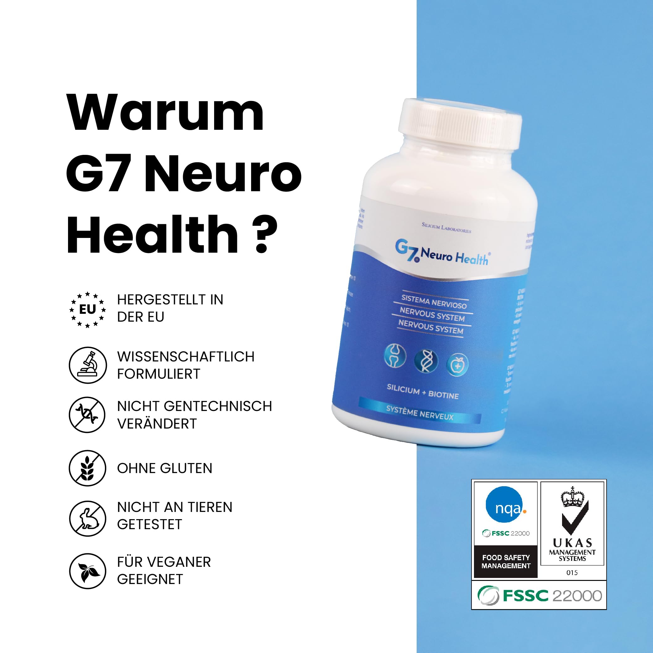 G7 Neuro Health. Silizium hochdosiert und Biotin Kapseln mit Magnesium. Multivitaminkomplex für Konzentration und Gedächtnis. Kollagen erhöht. 120 Biotin und Silizium Hochdosiert Kapseln.