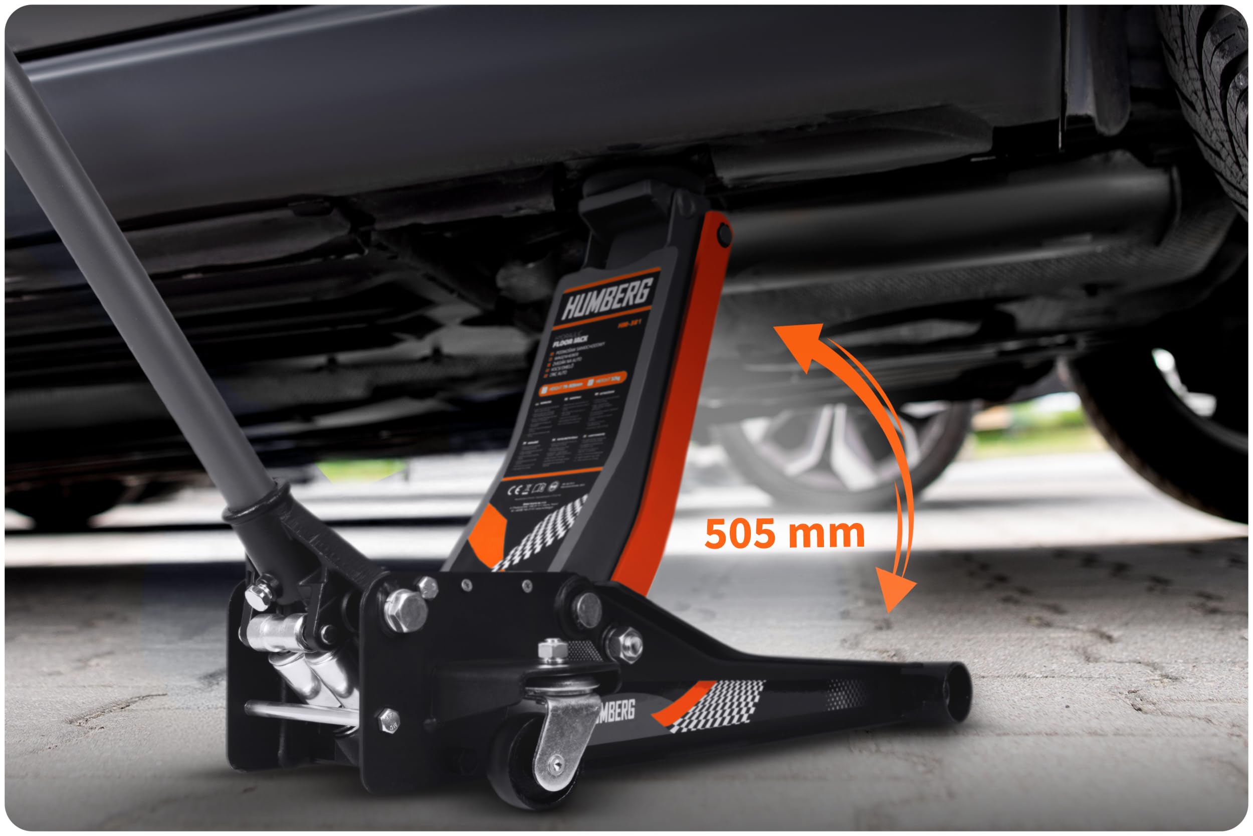 Humberg Hydrauliczny podnośnik samochodowy 3 tony 75 mm - 505 mm z 2 gumowymi podkładkami i zaworem bezpieczeństwa z podwójnym tłokiem o niskim profilu