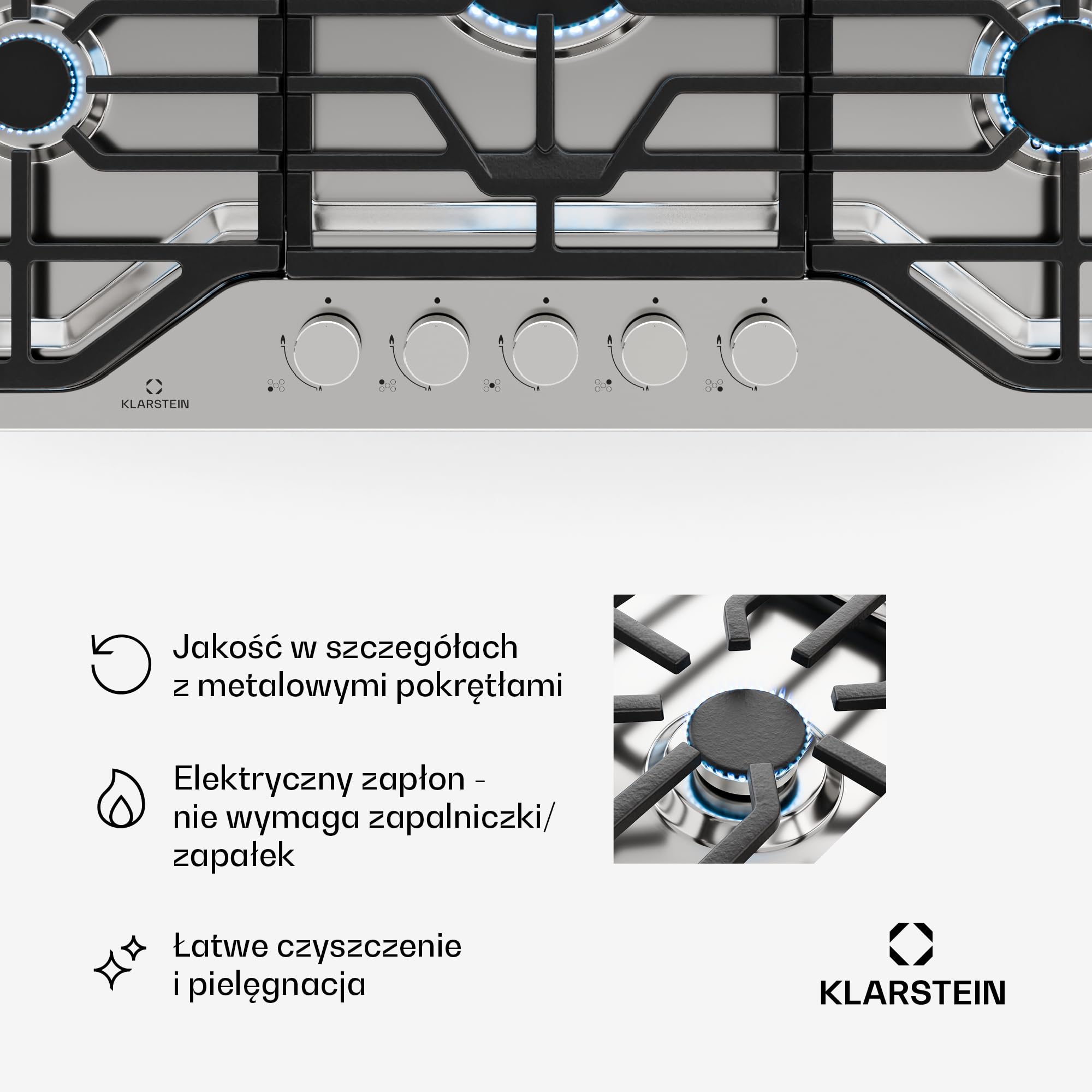 Klarstein Turbocast Płyta gazowa - 5 palników, Stal nierdzewna 304, Palnik wok 3,4 kW, Żeliwne podstawki, Zapłon elektryczny, Zabezpieczenie odcinające, Zestaw do przezbrojenia na LPG, Płyta gazowa