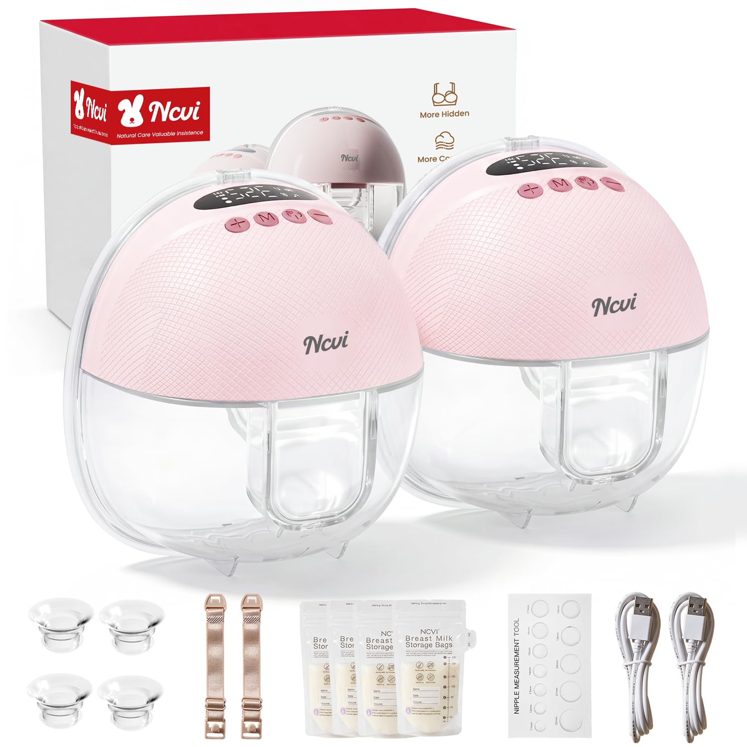 NCVI Hands Free Breast Pump, Wearable Portable Breast Pumps 4 Modes 9 Levels for Work, Travel & Night Use with LED Display, Pink