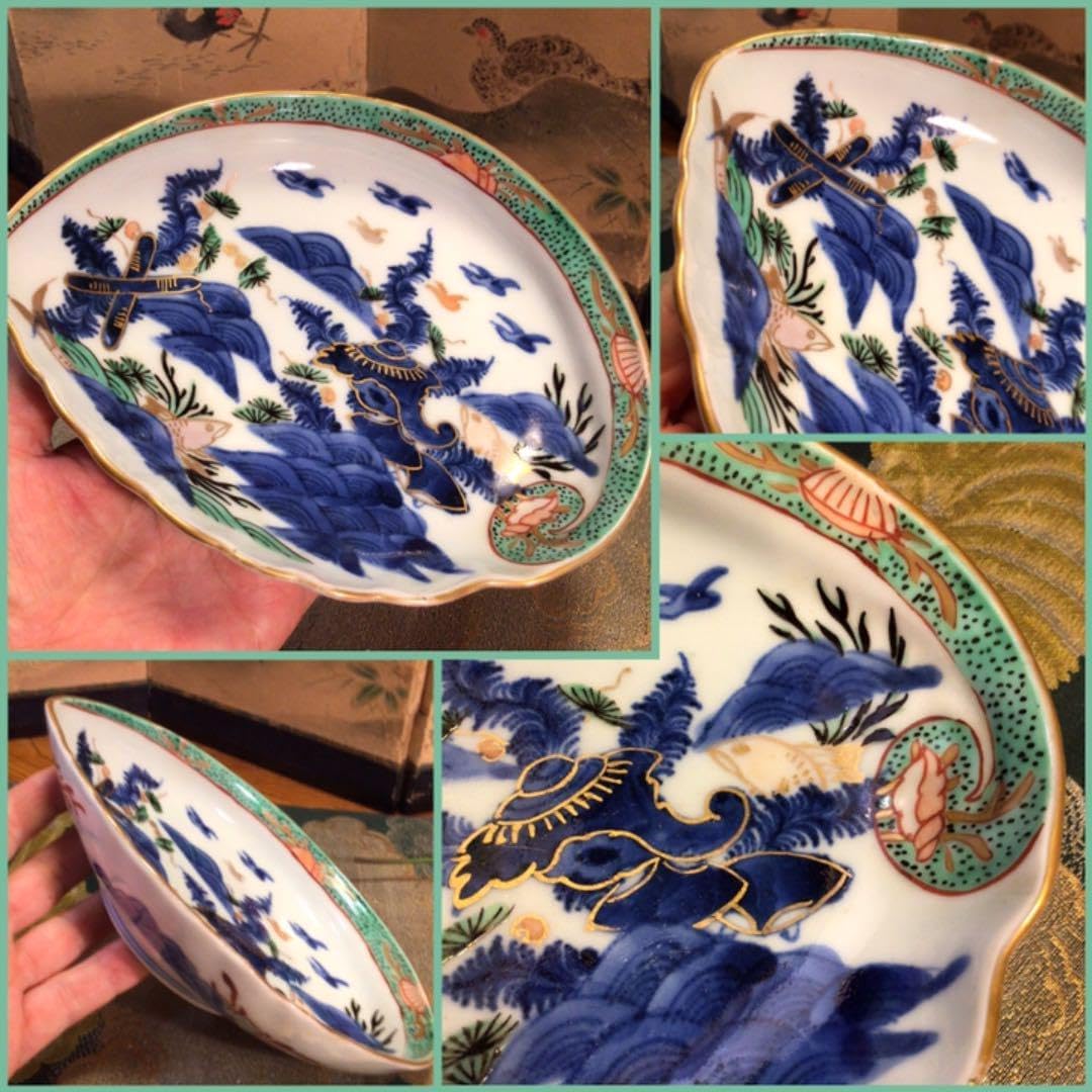 A573 古伊万里　染錦手　懐石　柿右衛門　『渦福』貝に魚紋様皿　鮑型（中）2枚 A573 古伊万里 染錦手 懐石 柿右衛門 『渦福』貝に魚紋様