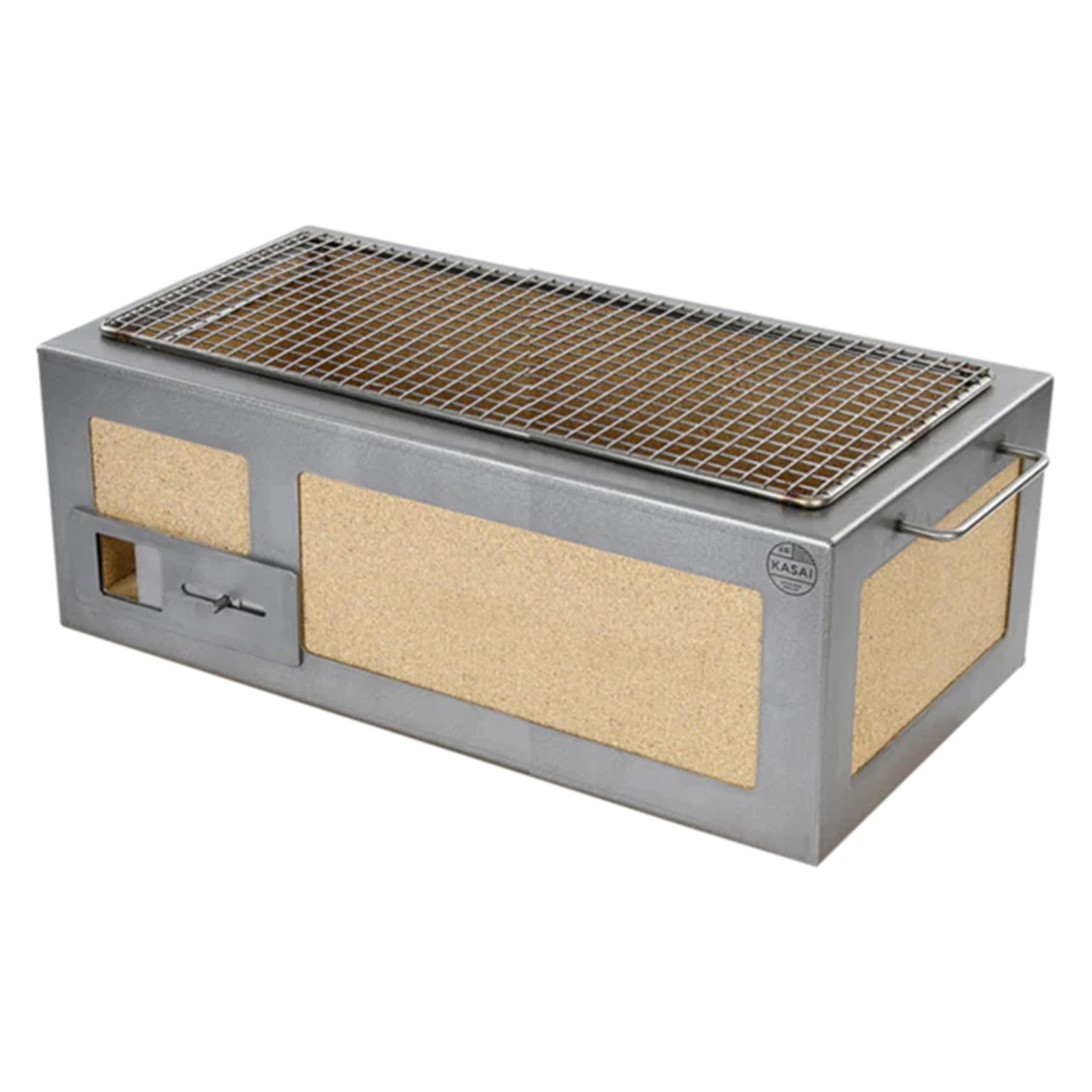 Kasai Konro Grill medio lungo con telaio in acciaio inox, realizzato nel Regno Unito in collaborazione con Tommy Banks, dimensione media della griglia per 4-8 persone