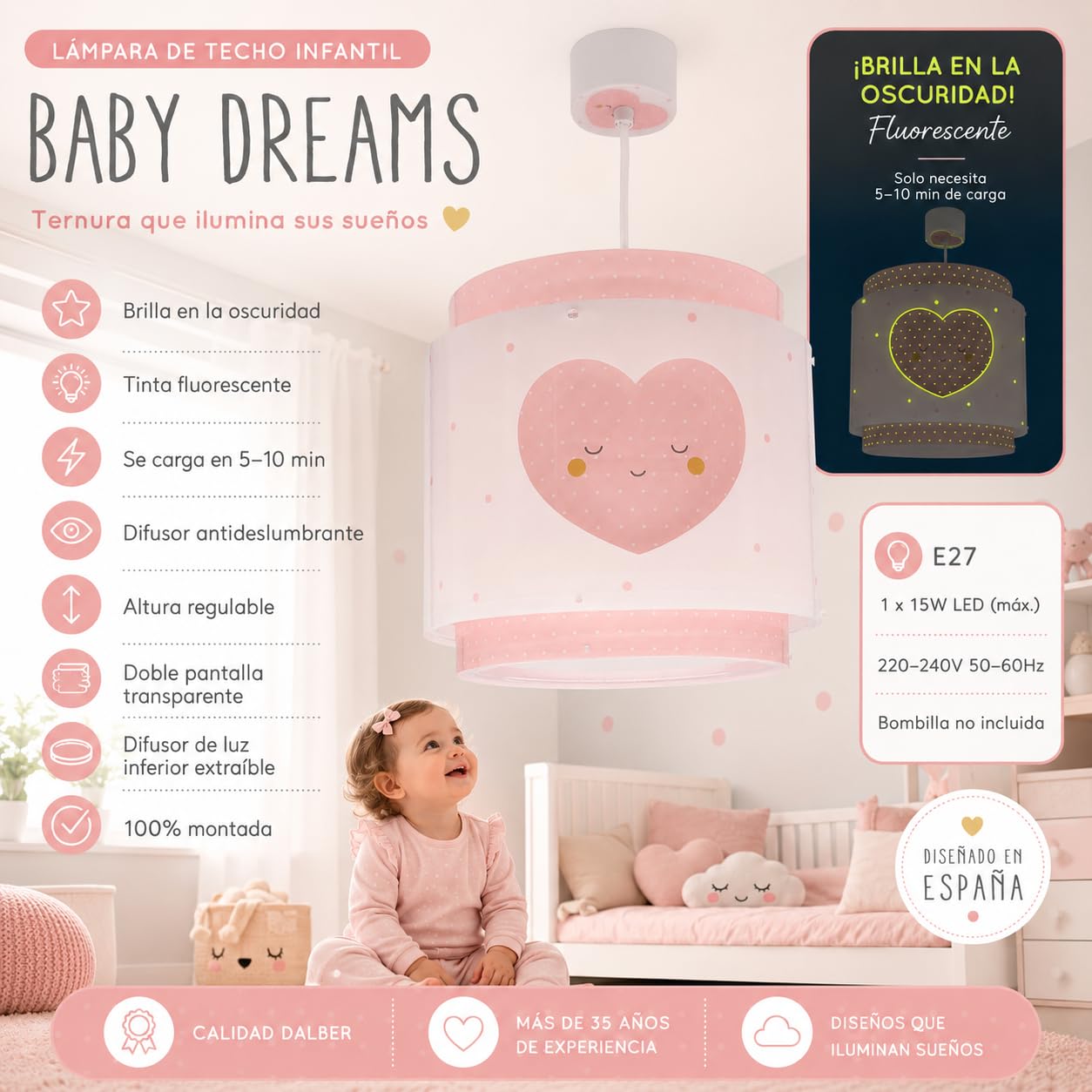 Dalber Lámpara Techo Colgante Infantil Corazones Rosa 76012MS E27 | Incluye difusor de luz inferior extraible; Habitación niña;