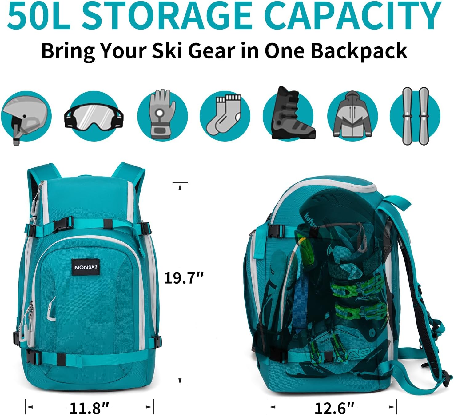 NONSAR 50L Ski Boot Bag - Waterproof Snowboard Boot Travel Backpack for Helmet, Googles, Gloves, Skis & Accessories for Men Women