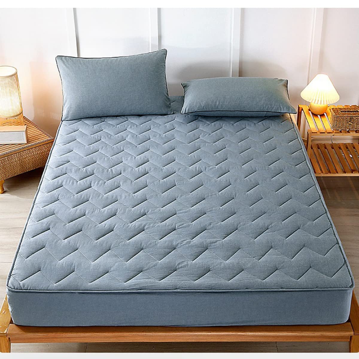 DXNB Home 100% Organic Cotton Quilted Fitted Sheet Only Bed Sheet with Elastic All Around Mattress Protector Cover Fits Mattress Upto 12 Inches (Color : Light Blue, Size : 90x200cm)