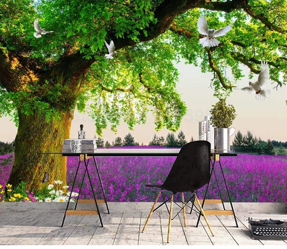 Papier peint vert arbre lavande 3D : masquez un mur vide de salon avec ce 400x280 cm