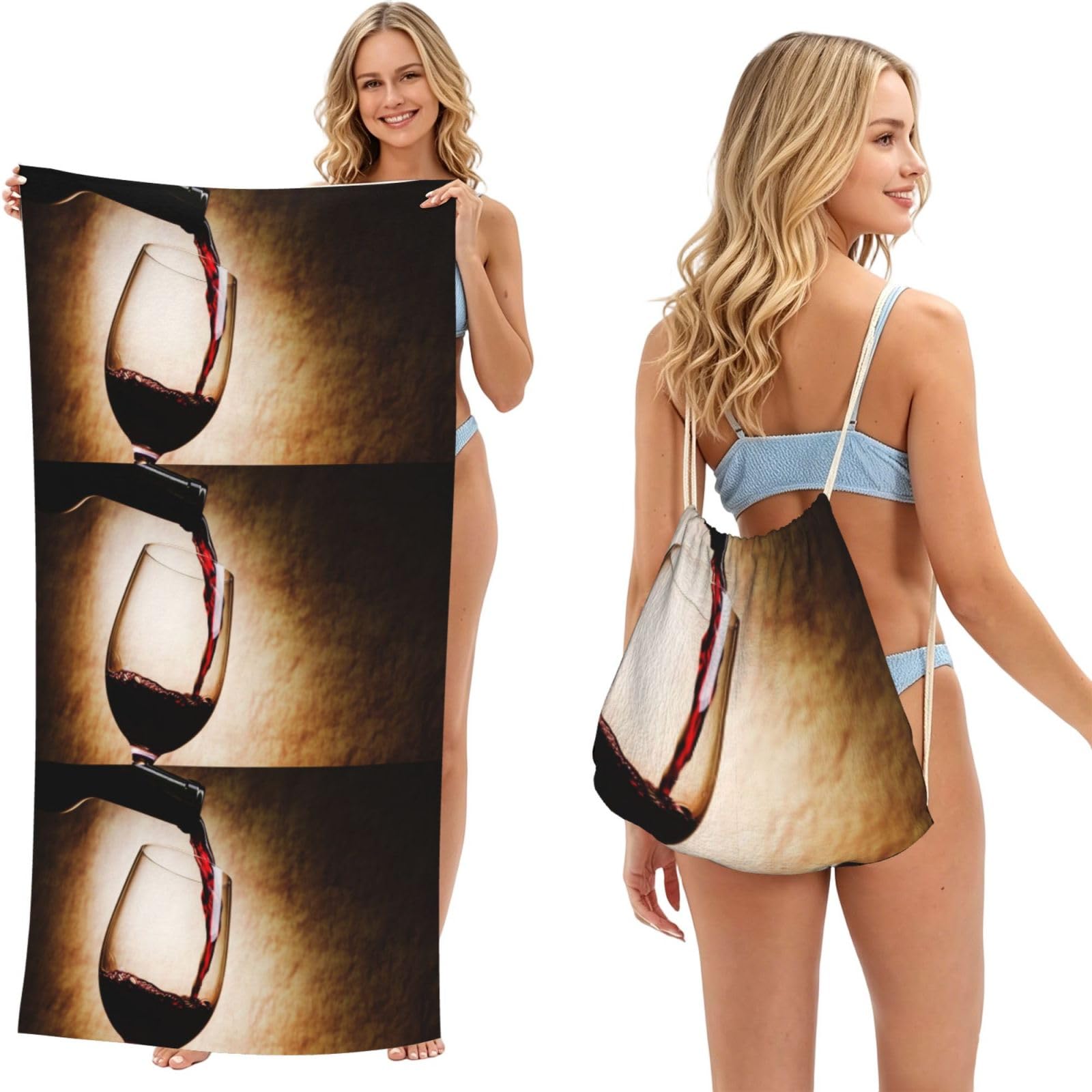 Poadnly As Picture Red Wine Glass, 2 In 1 Packable Towel Bag, Beach Towels With Drawstring Backpack For Travel Holiday Camping