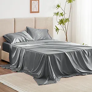 Love's cabin Satin Queen Sheets Set - 4 Piece Dark Grey Silky Bed Sheets with Deep Pocket, Luxury Silk Feel Satin Queen Size Sheet Set (1 Flat Sheet,1 Fitted Sheet,2 Pillow Cases)