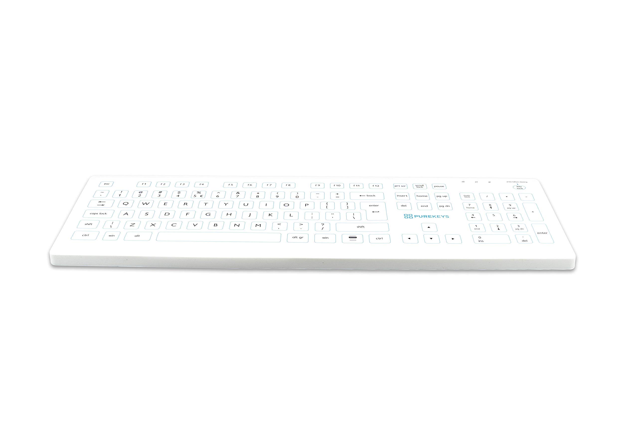 PUREKEYS Medical Keyboard Full Size USB-Cabled White for Hospital, Dentist, Cleanroom, Laboratory and Industrial. Easy to Clean Hygienic Flat and Flexible Silicone