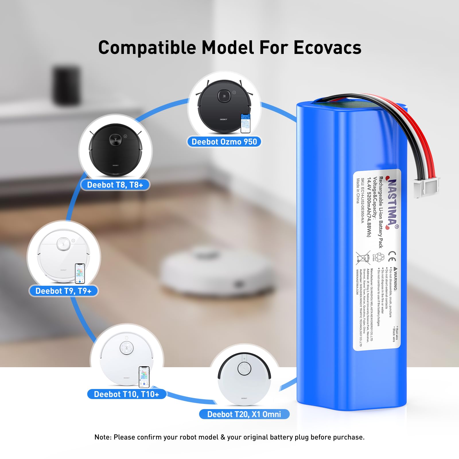 NASTIMA 14,4V 5200mAh Li-ion Ersatzakku für Ecovacs Deebot Ozmo 950, Deebot T8 T8+, Deebot T9 T9+, Deebot T10 T10+, Ersatz Akku für Deebot X1 Omni, Deebot T20 Omni Serie Staubsauger