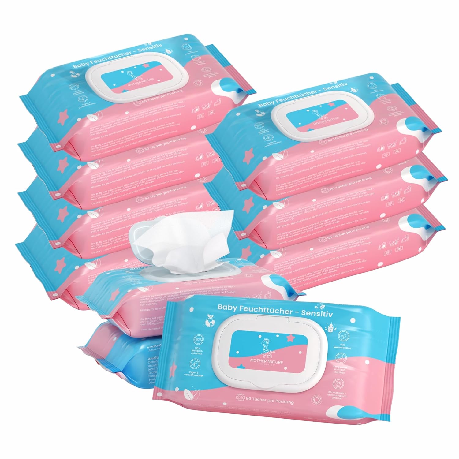 Baby Wet Wipes Sensitive – 100% Biodegradable & Vegan – Extra Soft & Gentle on Skin – 99% Water – Alcohol Free – Dermatologically Tested – (10 x 80 | Pack of 80)