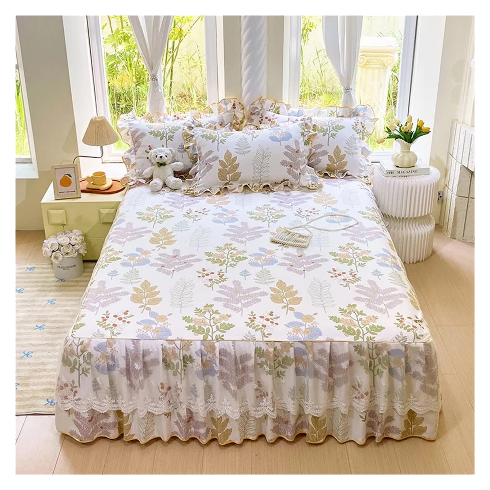 1pc Skin-friendly Bed Skirt Floral Style Bedspread Ruffles Bed Cover Mattress Protector No Pillowcase(Color-06,20x200cm 1pc)