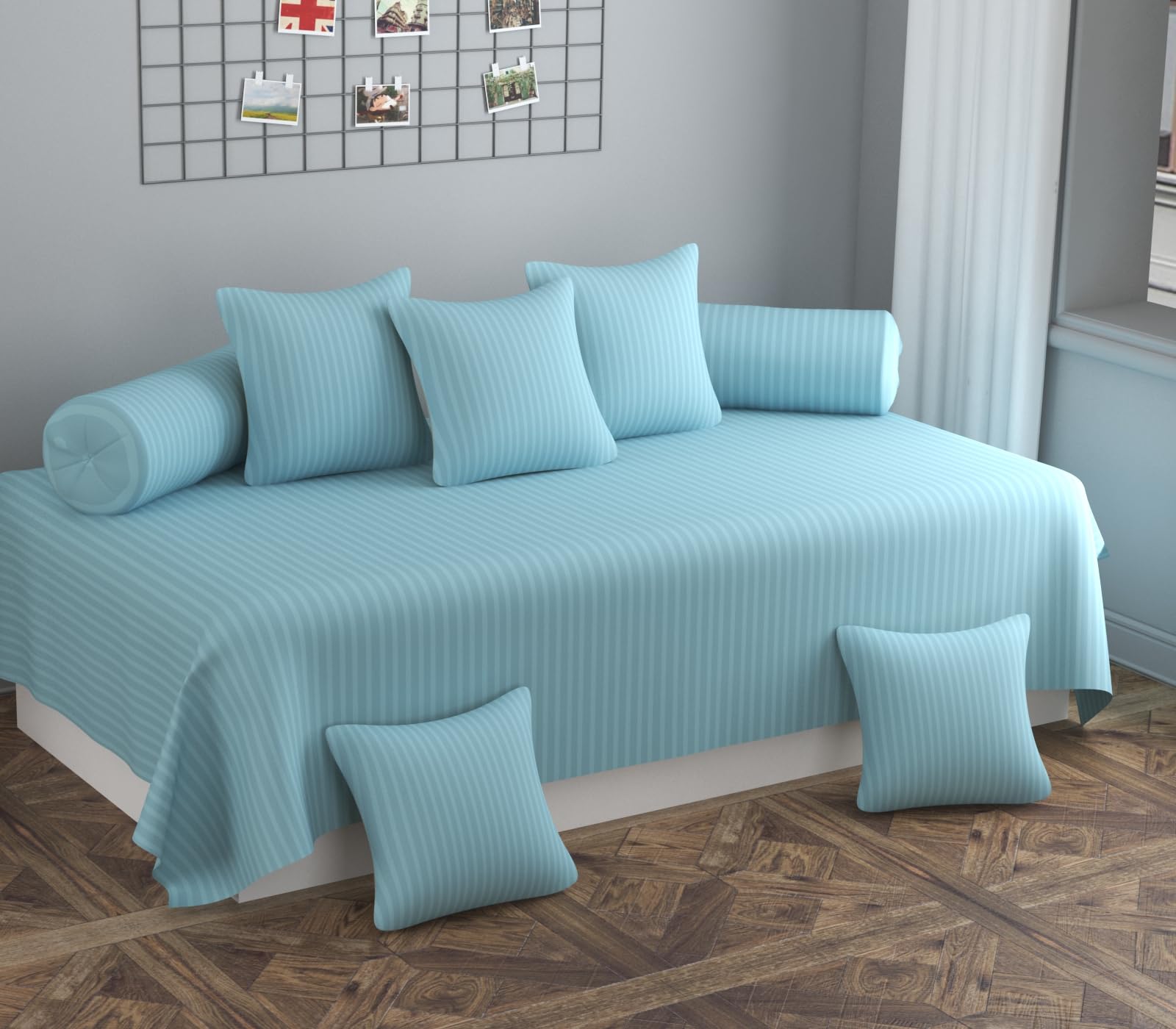 AASHIYANA SAJONA Aqua Blue Cotton Stripped Traditional Diwan Set of 8 Pieces (1 Diwan Bedsheet + 5 Cushion Covers + 2 Bolster Covers, Aqua Blue)-image-26