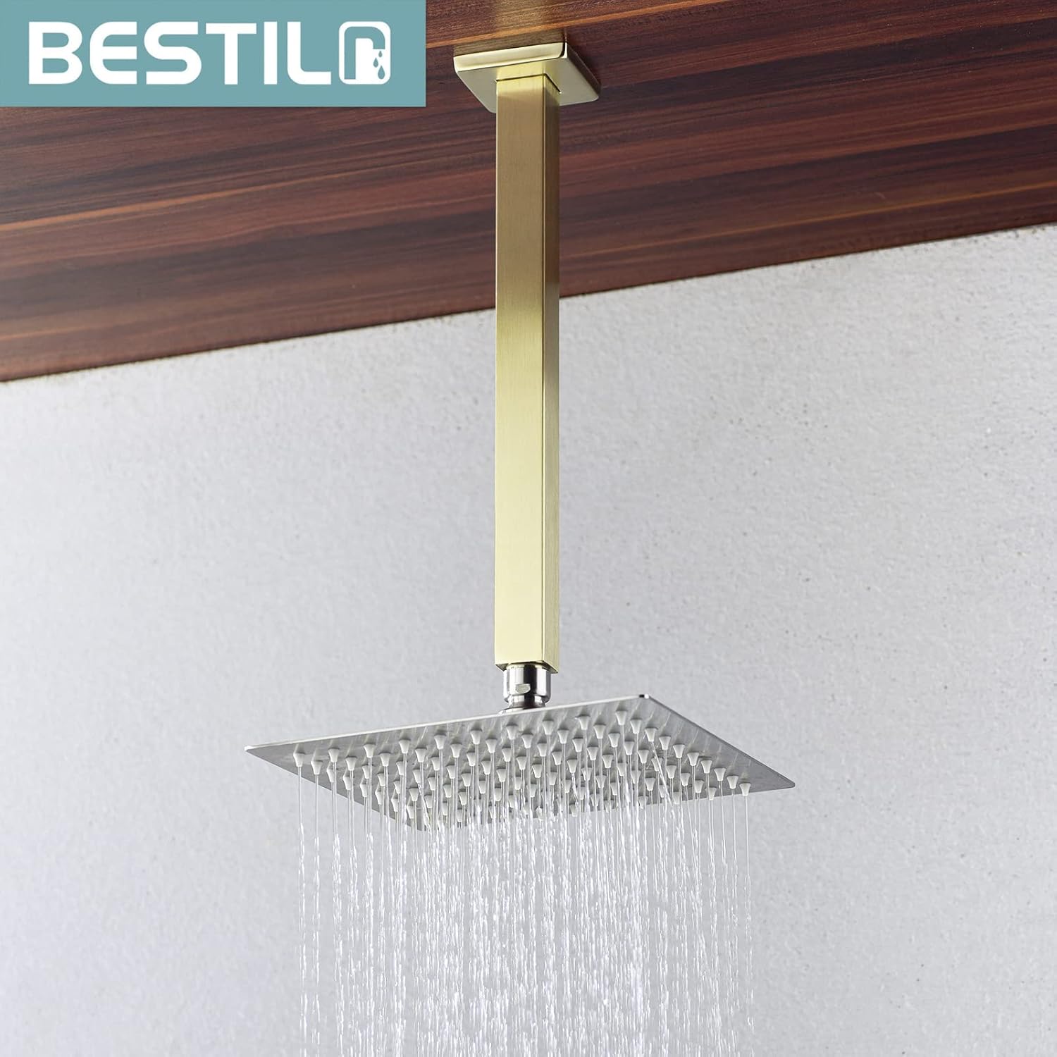 BESTILL 12 Inch Brushed Gold Ceiling Mount Shower Arm and Flange, Square Rain Shower Head Arm