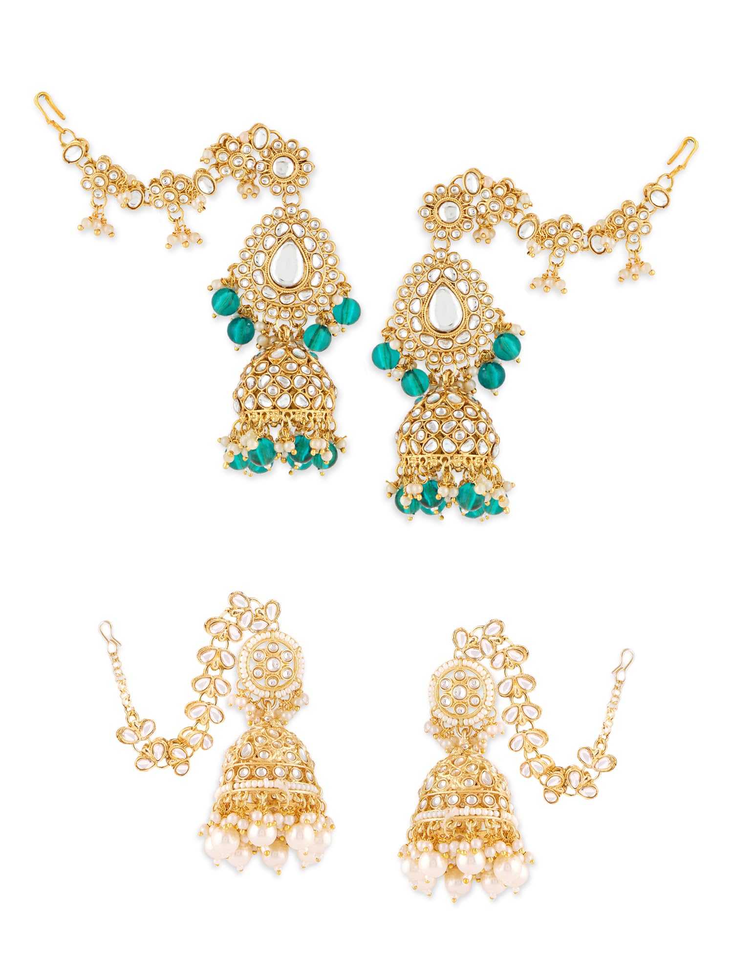 Combo of 2 Green Beads Kundan Statement Jhumka With Ear Chain Earrings For Women-ZPFK22040-image-26