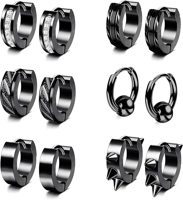 MILACOLATO Mens Black Earrings Set, Stainless Steel Huggie Hoop Earrings, Inlaid CZ Small Hoop Hinged Earrings Gothic Punk Cool Ear Piercings Jewellery For Men Women Boys