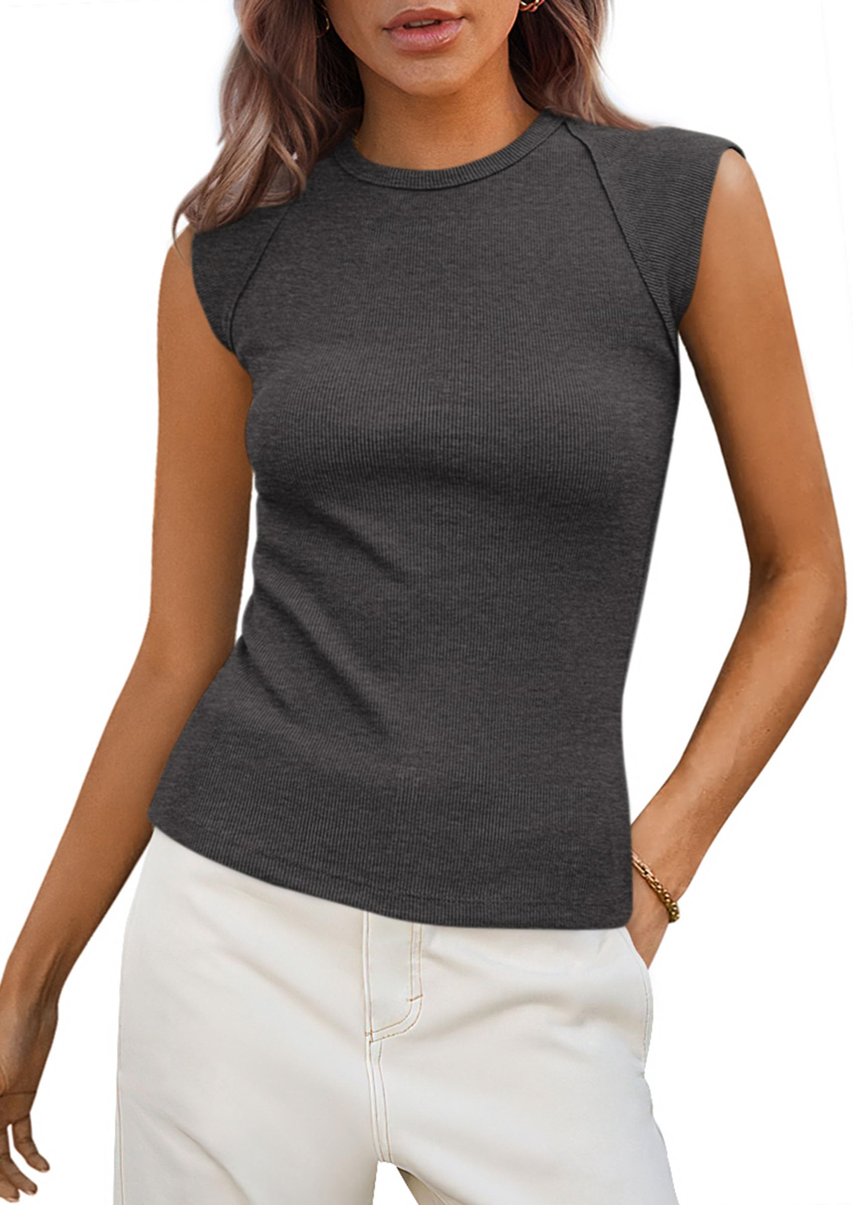 PRETTYGARDEN Women's Ribbed Tank Tops 2026 Summer Cap Sleeve Slim Fitted Knit Basic Casual Tee Shirts Trendy Fashion Clothes — view 49
